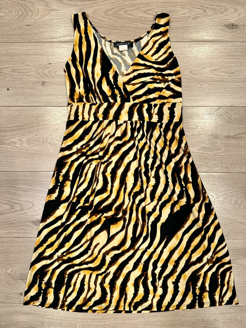Y2K Ms. Maggie Made in USA Yellow Black Brown Tiger Print A-Line Midi Dress